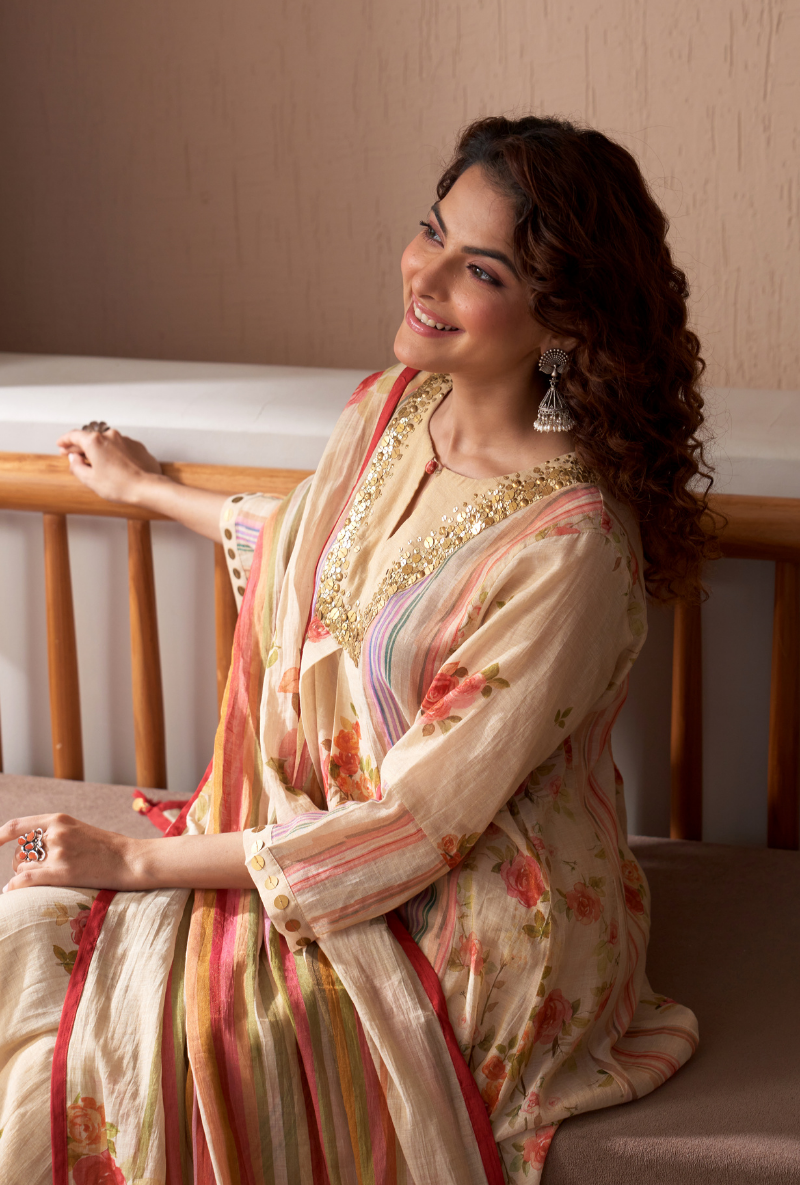 Ivory Sequin Yoke Bageecha Anarkali Set