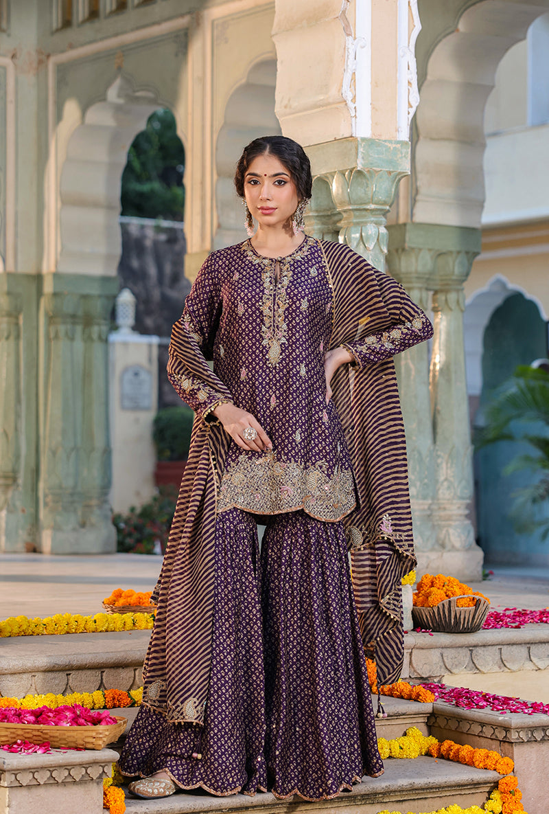 Purple Printed Raag Sharara Set
