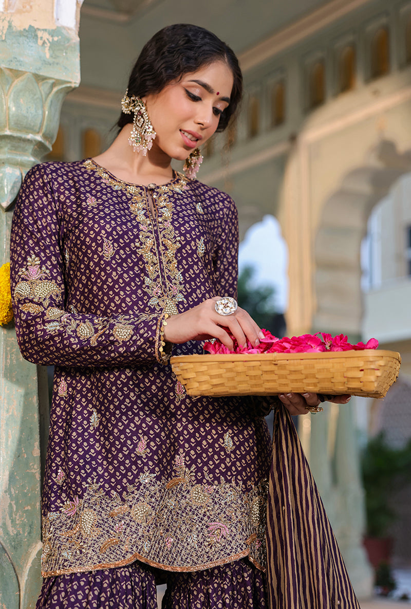 Purple Printed Raag Sharara Set