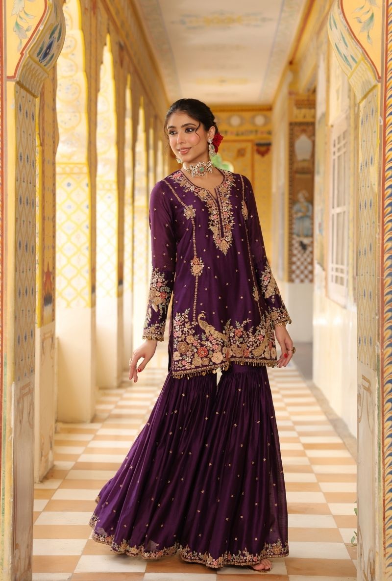 Purple Mayur Applique Heavy Mehfil Sharara Set