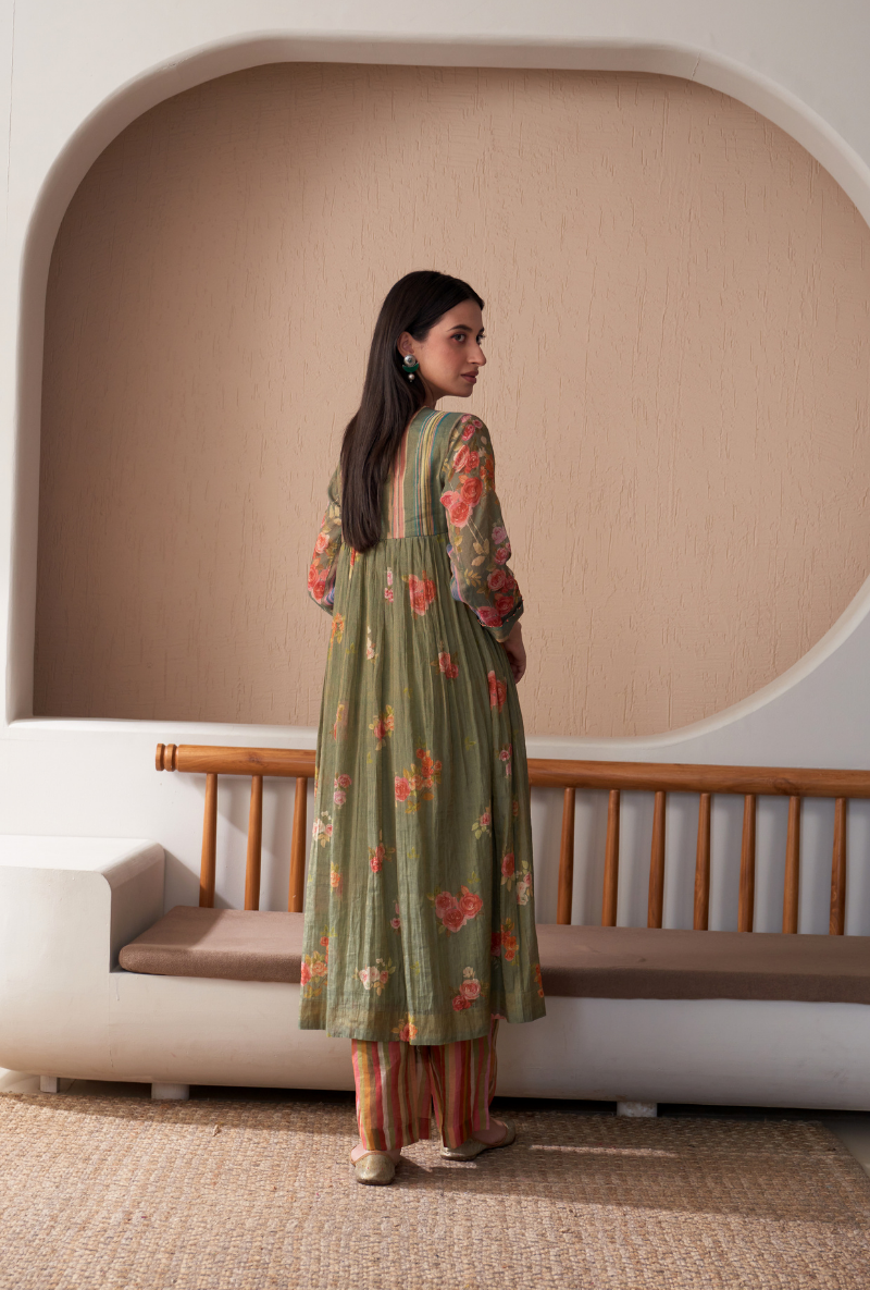 Green Stripe Yoke Full Chunat Bageecha Kurta Set