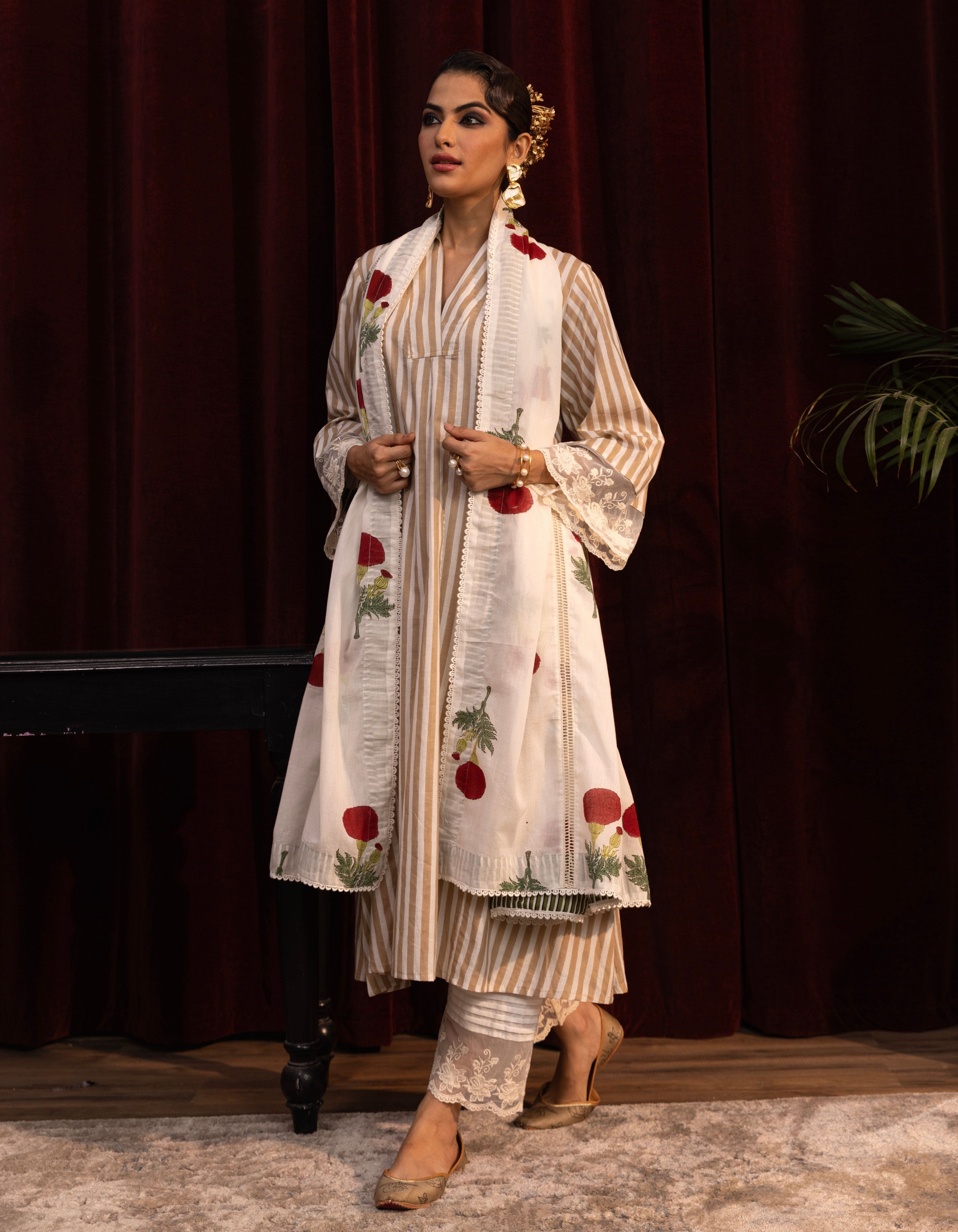 Beige and White Stripes Block Print Mogra Kurta Set