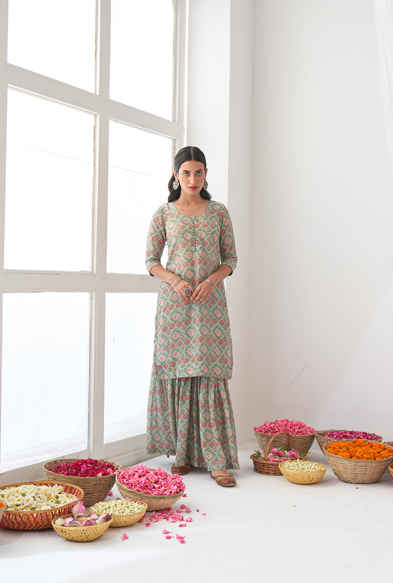 Aqua Printed Short Kurta Iris Gharara Set