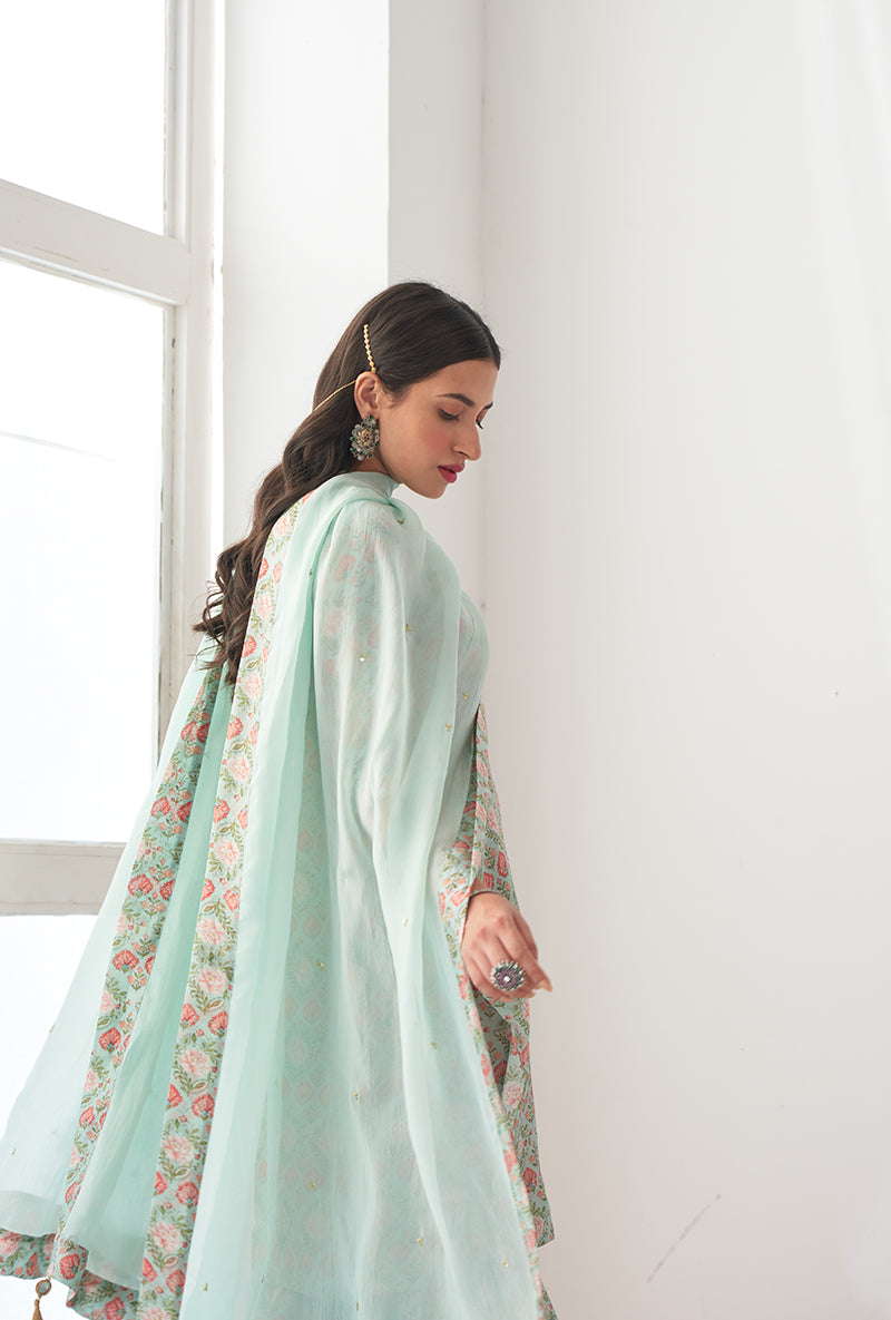 Aqua Printed Short Kurta Iris Gharara Set
