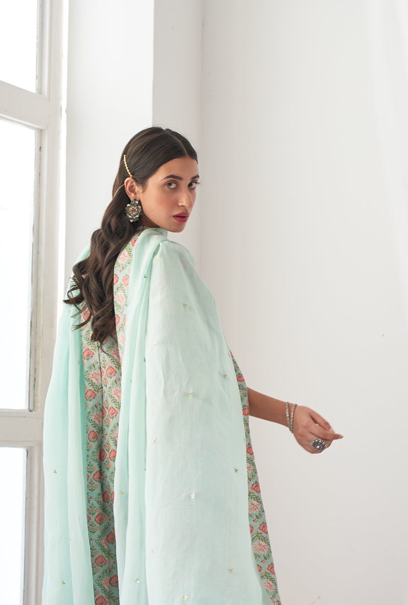 Aqua Printed Short Kurta Iris Gharara Set