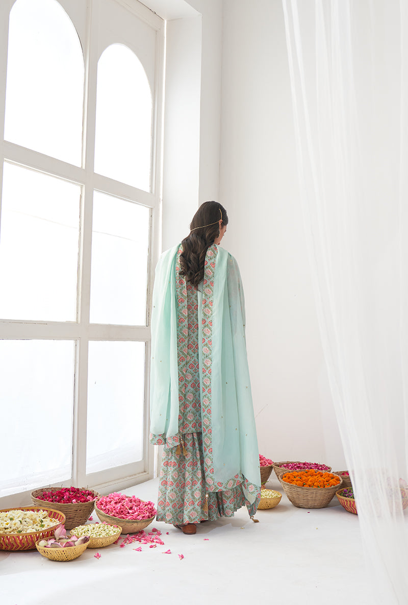 Aqua Printed Short Kurta Iris Gharara Set