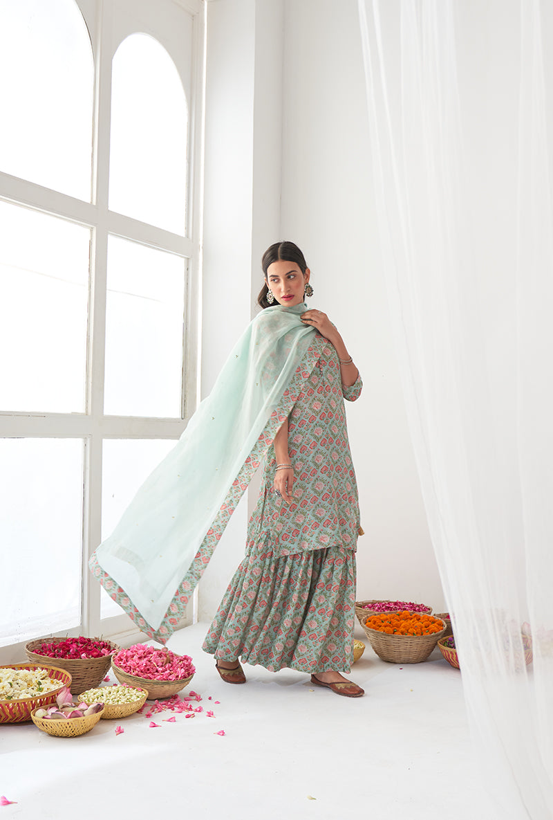 Aqua Printed Short Kurta Iris Gharara Set