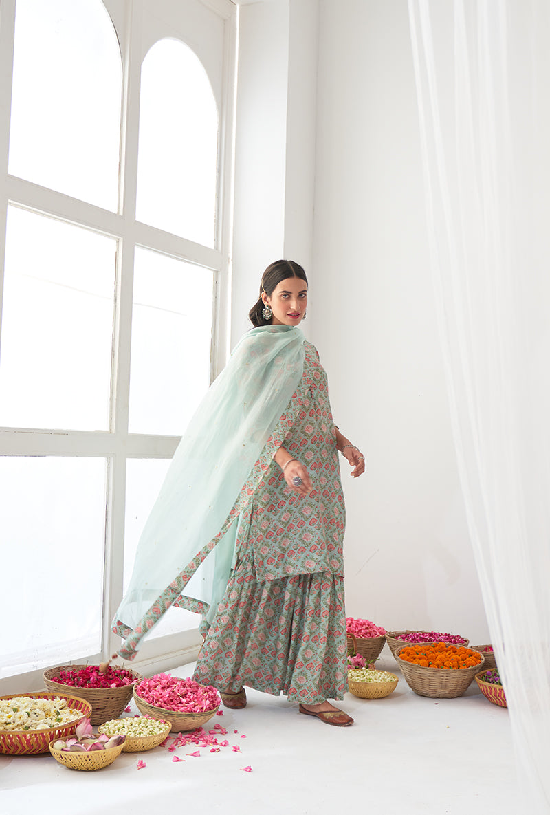 Aqua Printed Short Kurta Iris Gharara Set