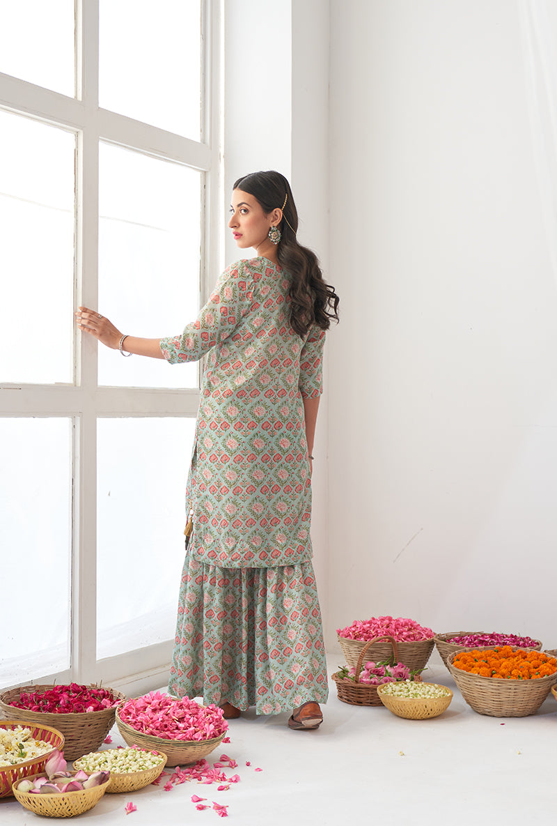 Aqua Printed Short Kurta Iris Gharara Set