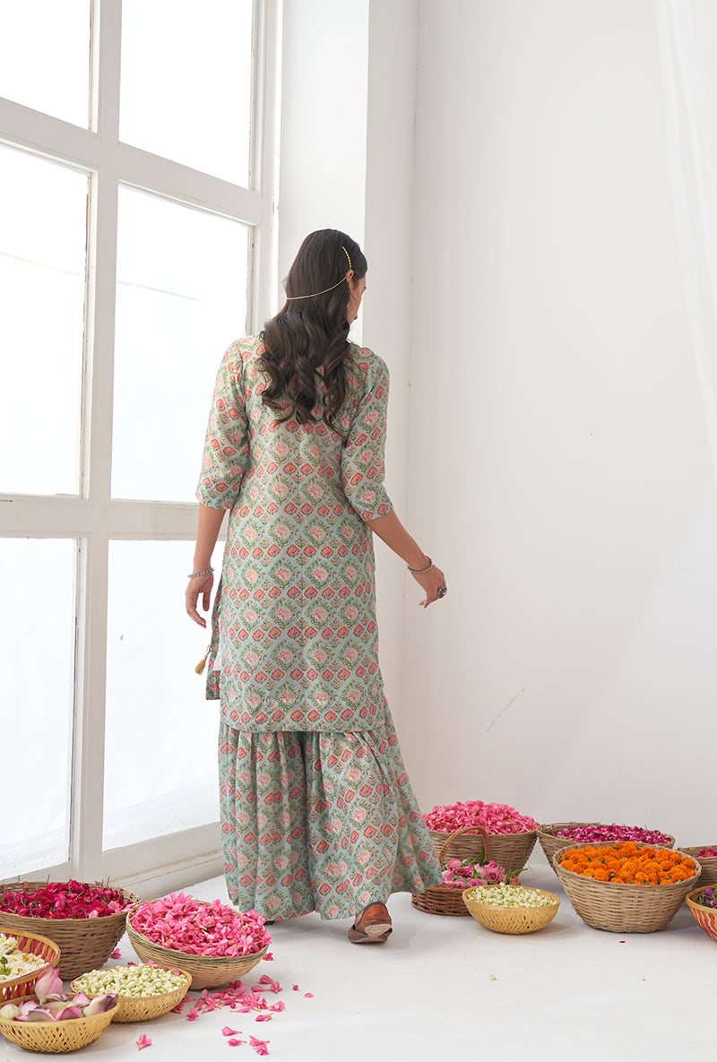 Aqua Printed Short Kurta Iris Gharara Set