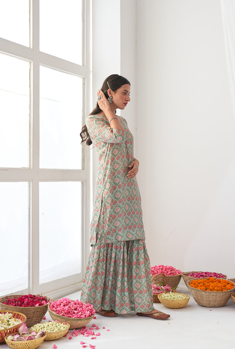 Aqua Printed Short Kurta Iris Gharara Set