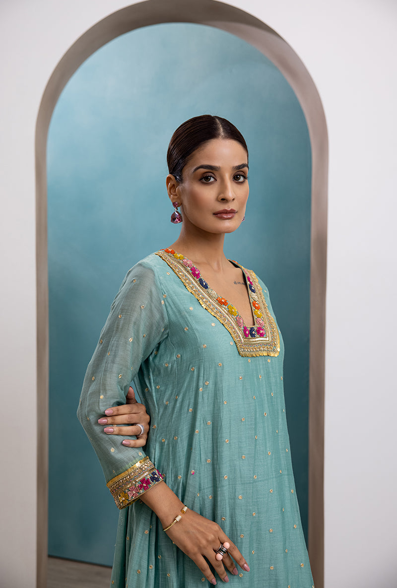 Aqua Floral Resham V Neck Raha Kurta Set