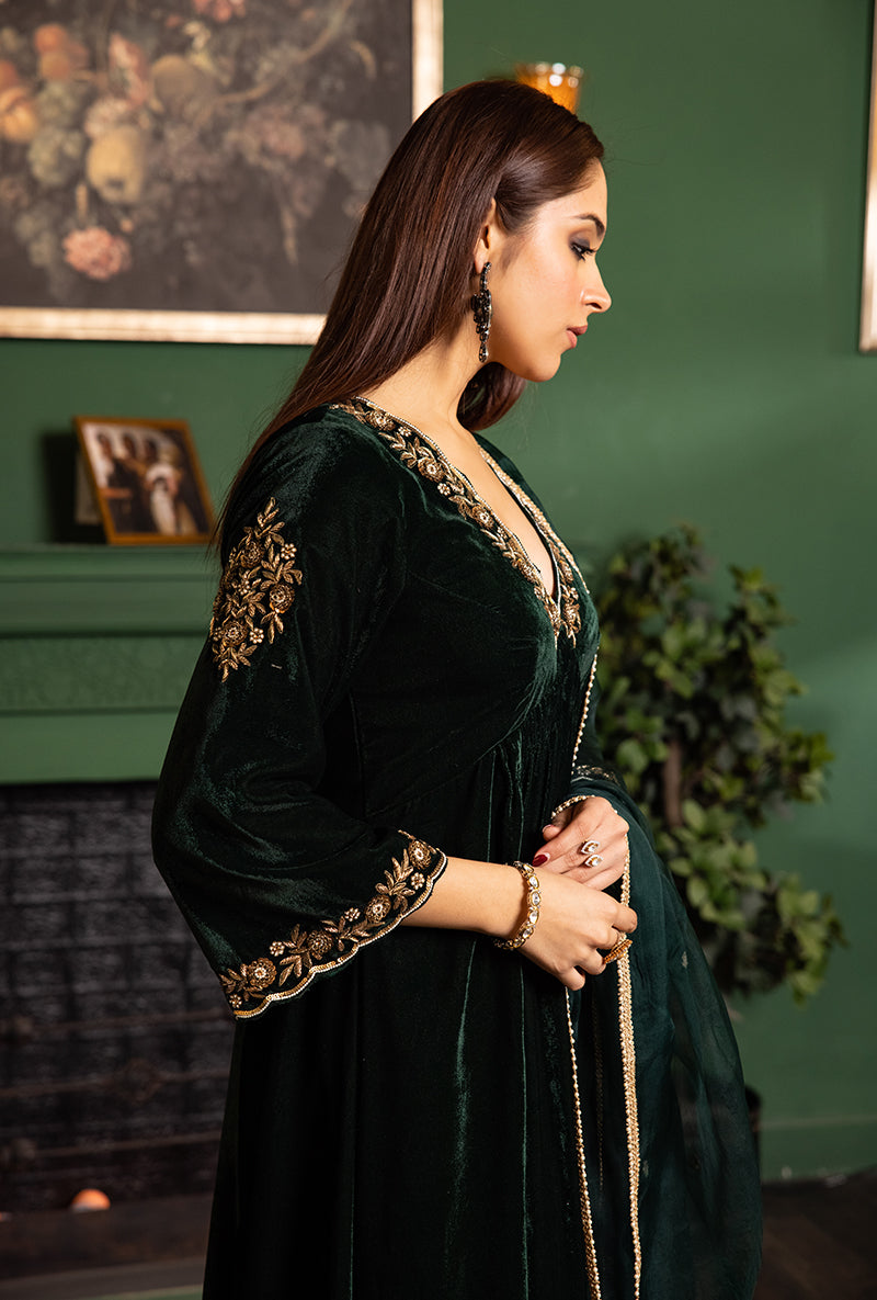 Bottle Green Velvet Empire Line Dastaan Kurta Set