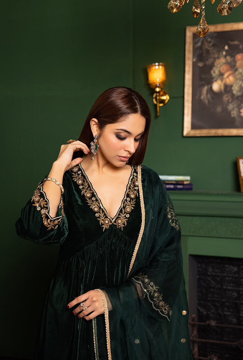 Bottle Green Velvet Empire Line Dastaan Kurta Set