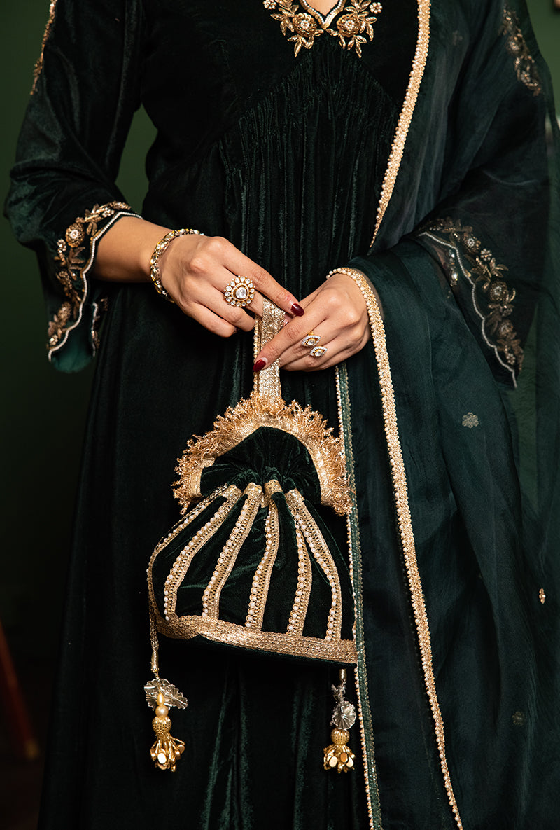Bottle Green Velvet Empire Line Dastaan Kurta Set