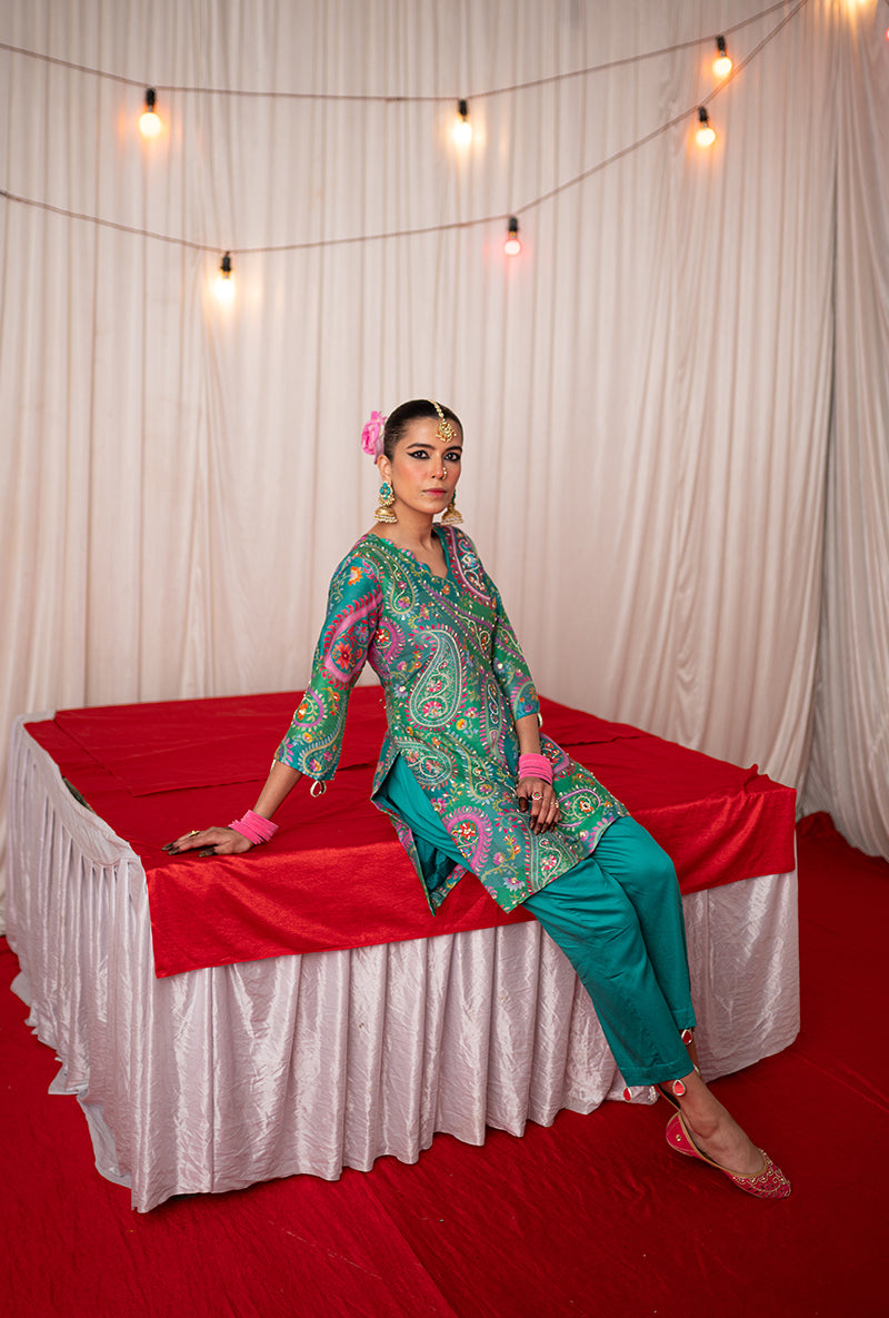 Green Printed Kikli Short Kurta Set