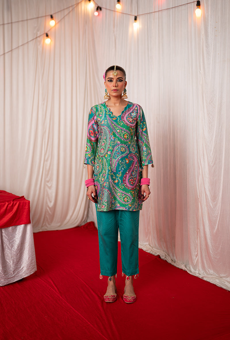 Green Printed Kikli Short Kurta Set