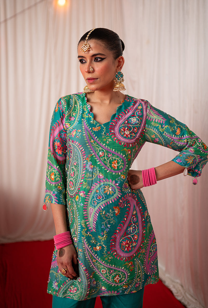Green Printed Kikli Short Kurta Set