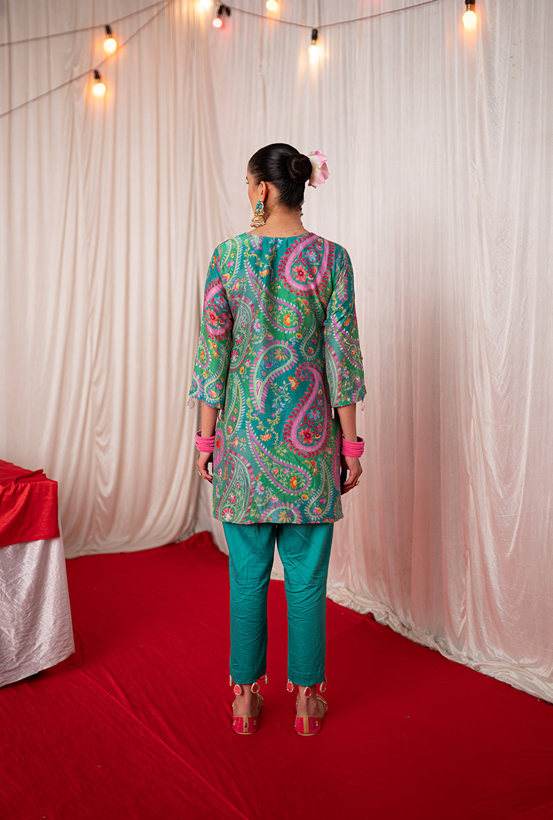Green Printed Kikli Short Kurta Set