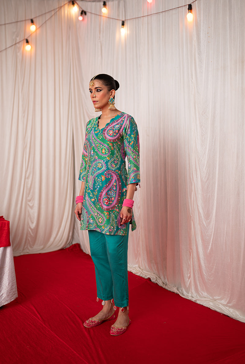 Green Printed Kikli Short Kurta Set