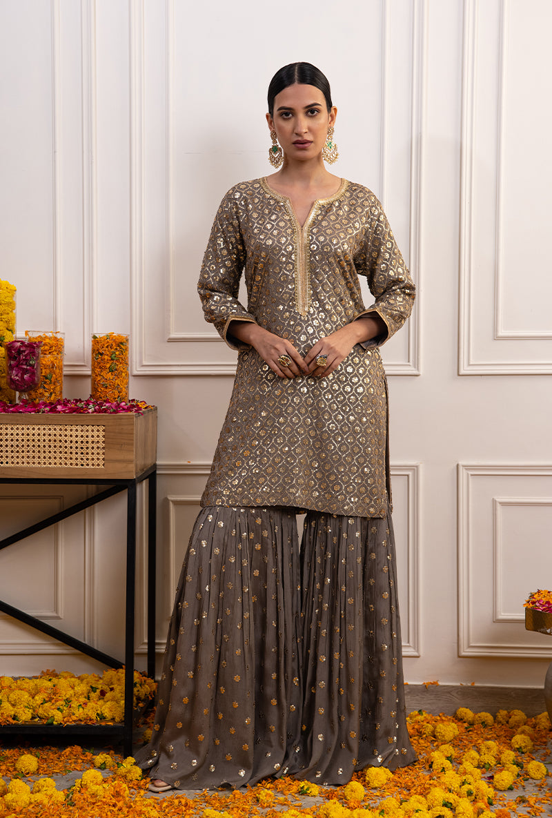 Grey Sequin Hoor Gharara Set