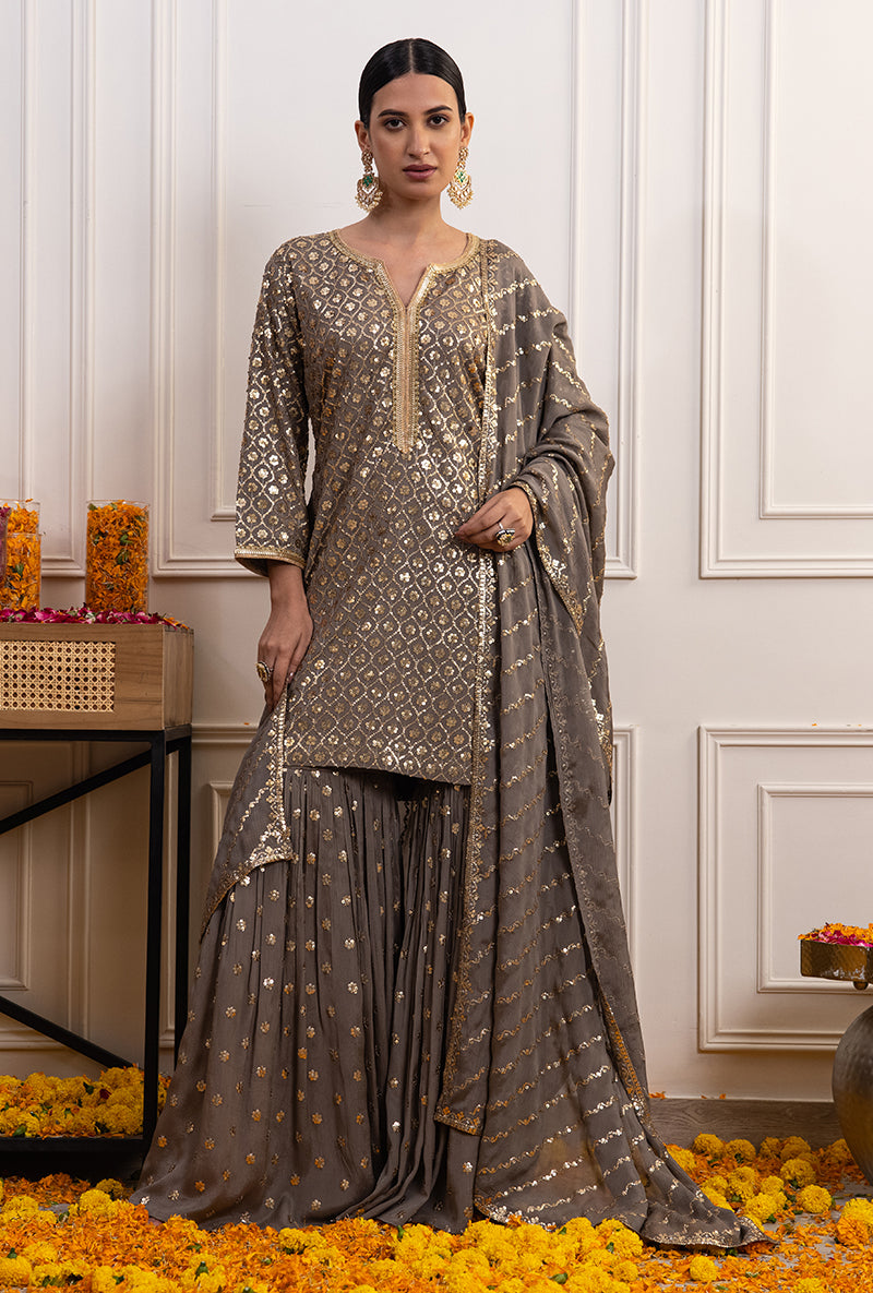 Grey Sequin Hoor Gharara Set