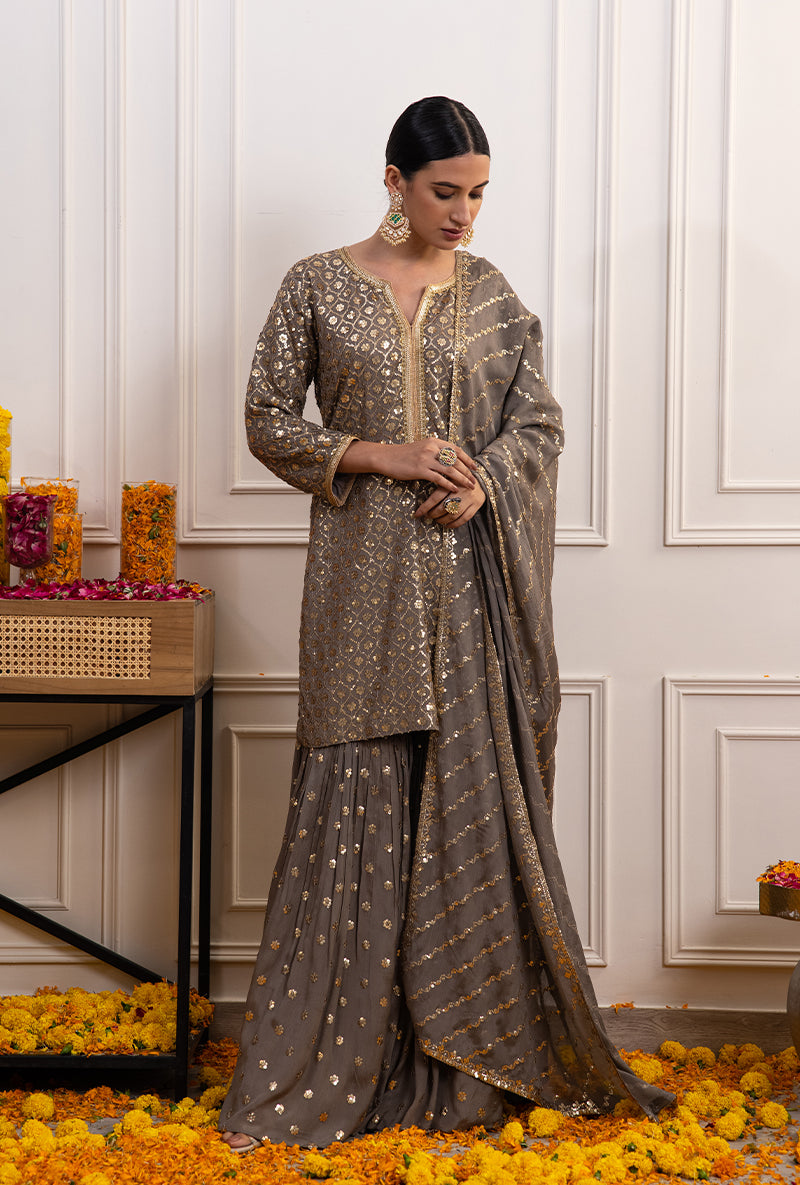 Grey Sequin Hoor Gharara Set