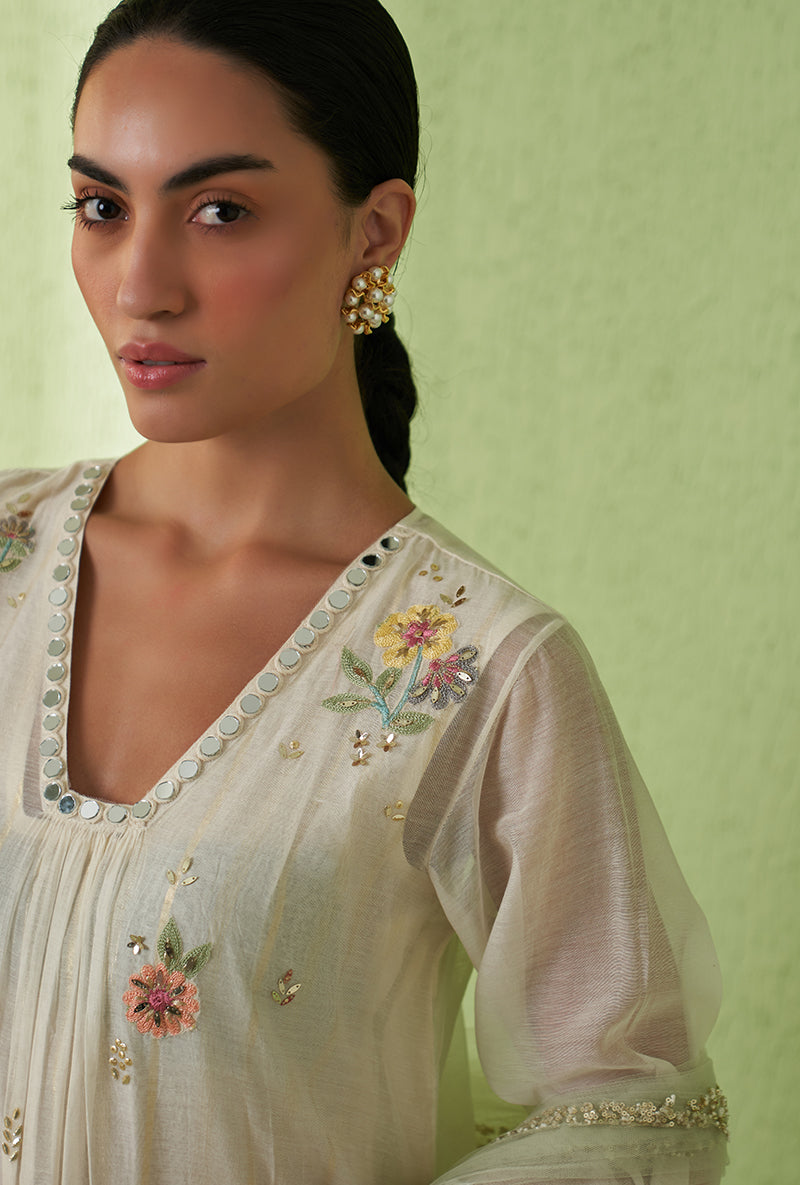 Ivory Glass Neckline A-Line Kurta Set
