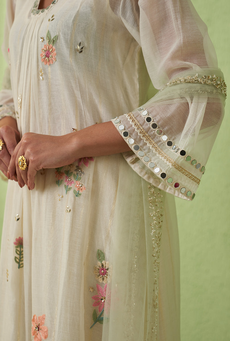 Ivory Glass Neckline A-Line Kurta Set