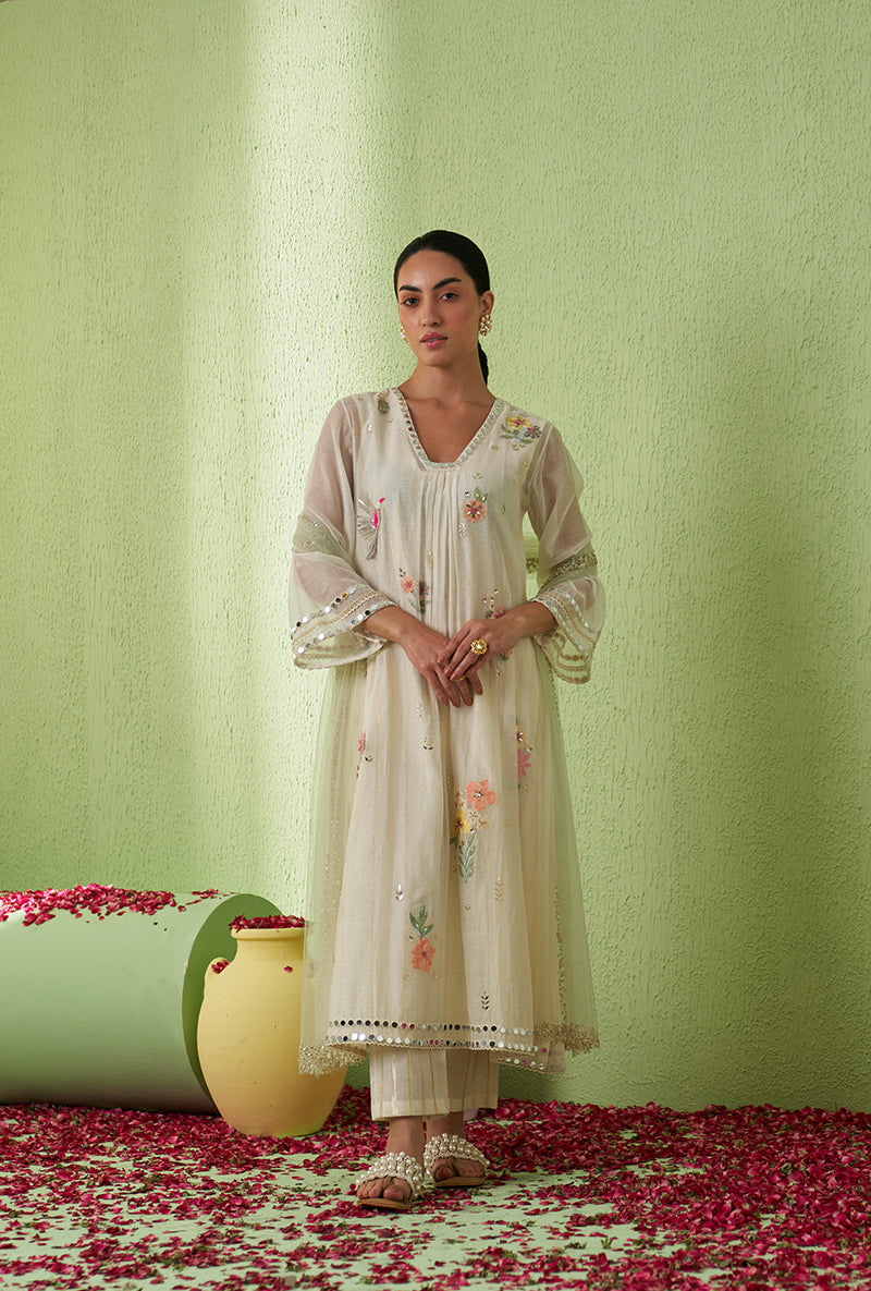 Ivory Glass Neckline A-Line Kurta Set