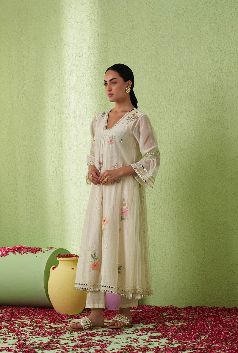 Ivory Glass Neckline A-Line Kurta Set