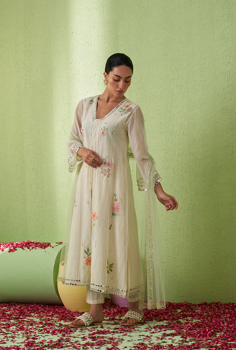 Ivory Glass Neckline A-Line Kurta Set