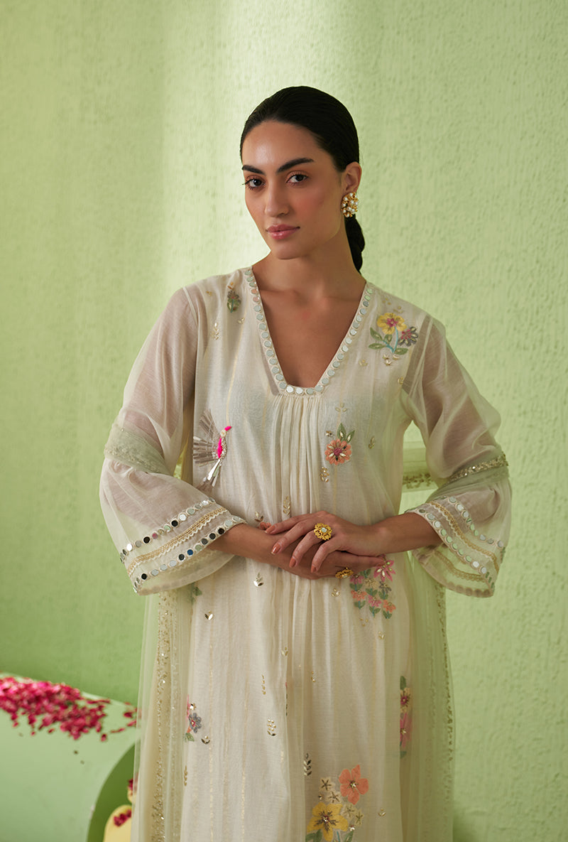 Ivory Glass Neckline A-Line Kurta Set