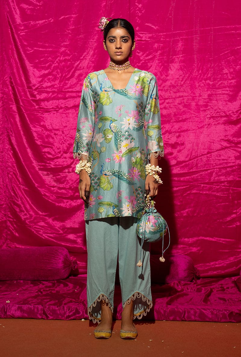 Mint Printed Short Kamli Kurta Set