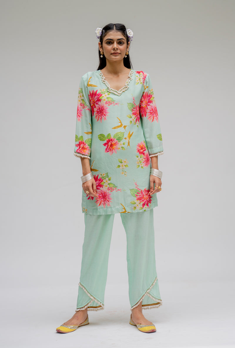 Mint Printed Short Nyra Kurta Set