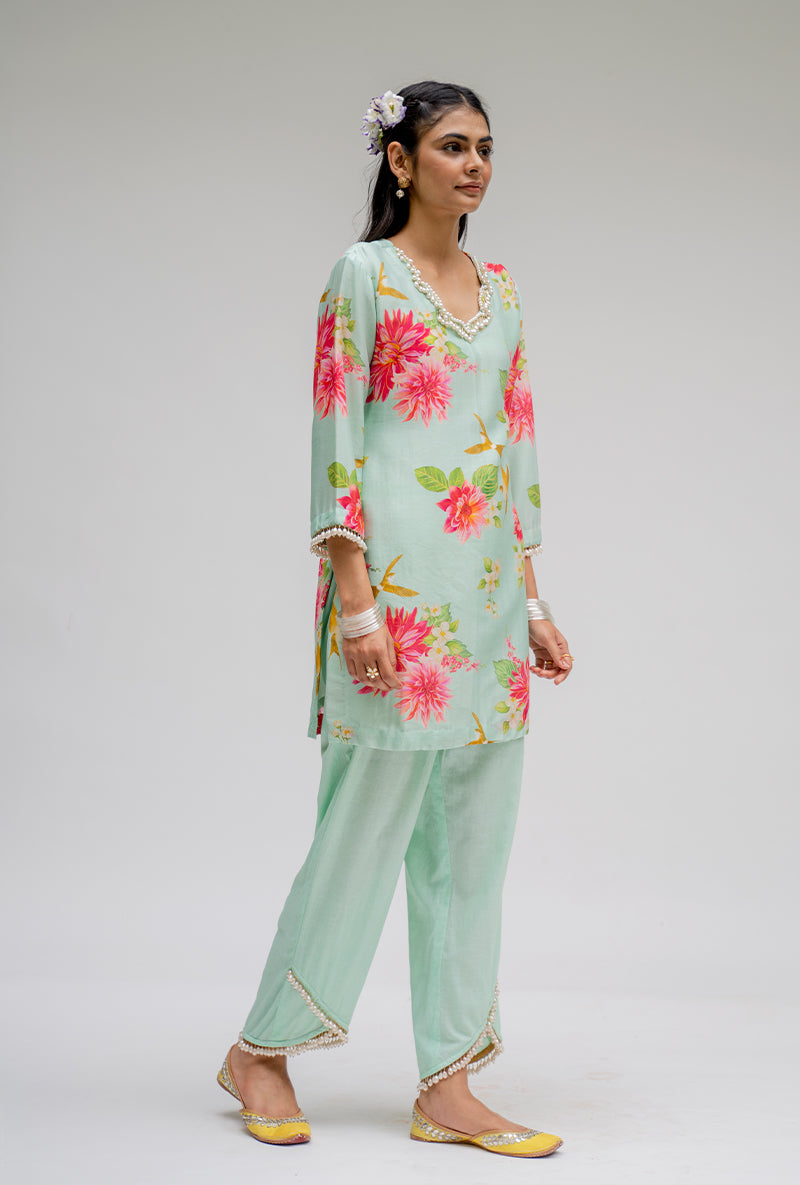 Mint Printed Short Nyra Kurta Set