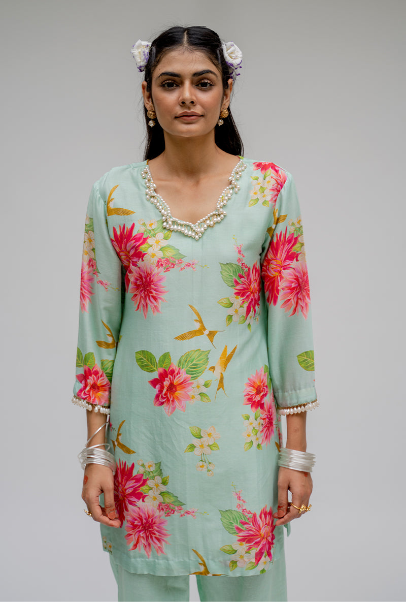Mint Printed Short Nyra Kurta Set