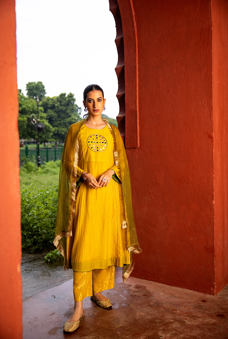Mustard Mirror Work Dor Kurta Set
