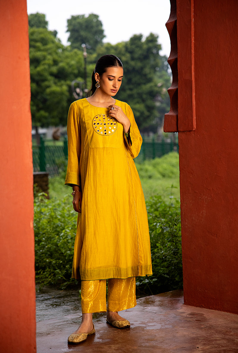 Mustard Mirror Work Dor Kurta Set