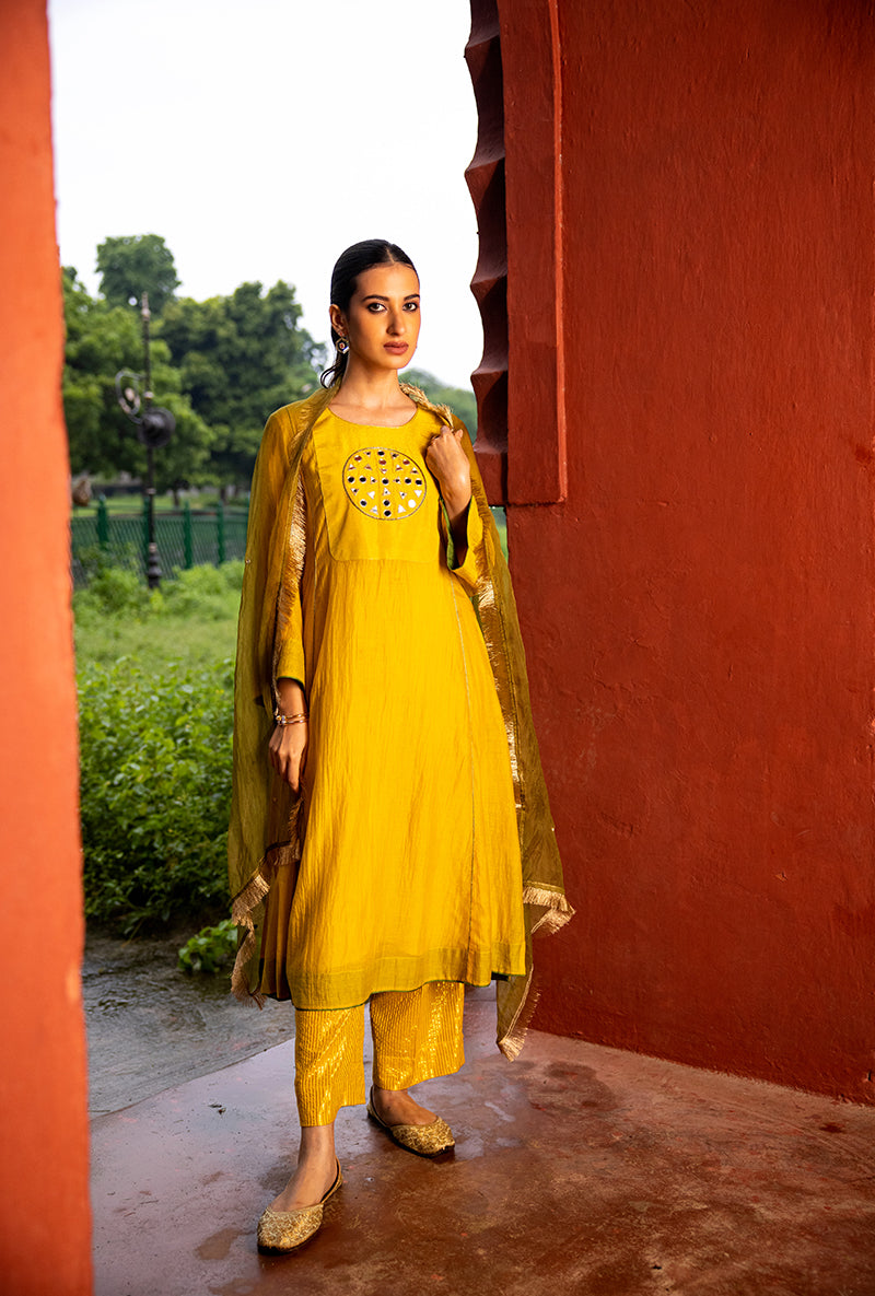 Mustard Mirror Work Dor Kurta Set