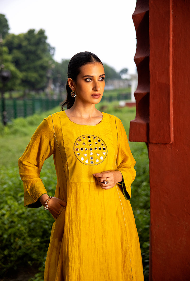 Mustard Mirror Work Dor Kurta Set