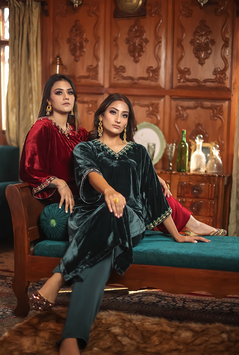 Red Velvet Jannat Kaftan Set