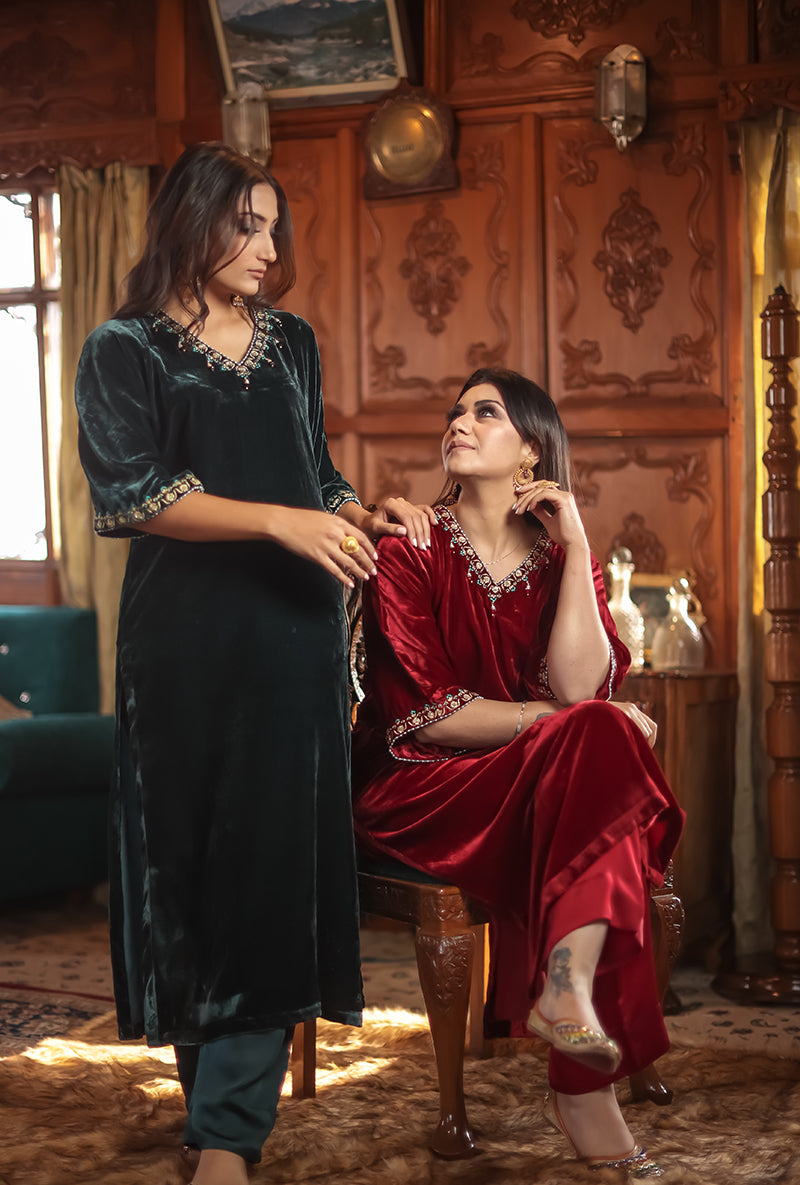 Red Velvet Jannat Kaftan Set