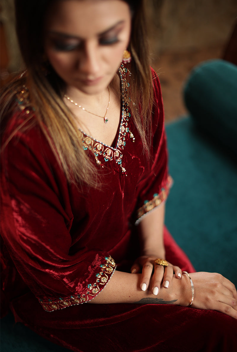 Red Velvet Jannat Kaftan Set