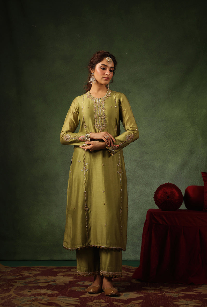 Sage Green Zardosi Patti Buta Joda Ishq Kurta Set