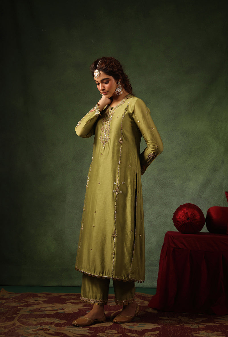 Sage Green Zardosi Patti Buta Joda Ishq Kurta Set