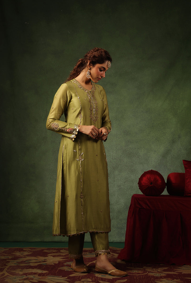 Sage Green Zardosi Patti Buta Joda Ishq Kurta Set