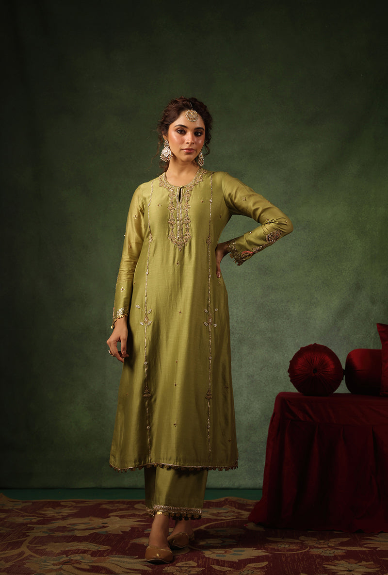 Sage Green Zardosi Patti Buta Joda Ishq Kurta Set