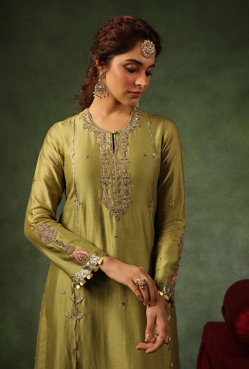 Sage Green Zardosi Patti Buta Joda Ishq Kurta Set