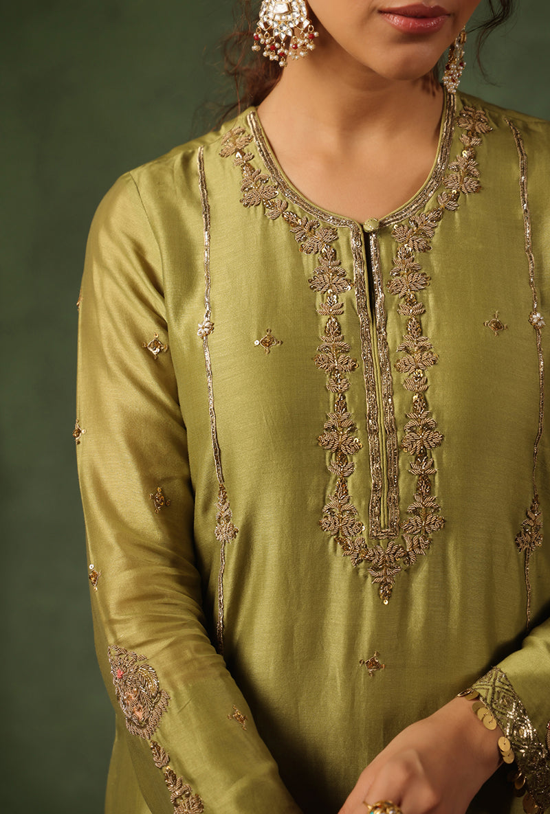 Sage Green Zardosi Patti Buta Joda Ishq Kurta Set